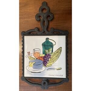 Vintage Cherry Japan black Cast Iron Fruit Cheese Wine Tile Trivet Hand Painted
